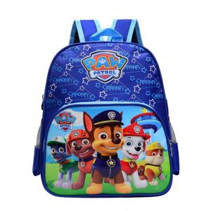 Ryggsäck för barn med Pat Patrol-motiv. Väskan är blå och har Chase, Marcus, Ruben och Stella.