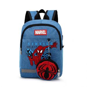 Spiderman blå denim ryggsäck med vit bakgrund