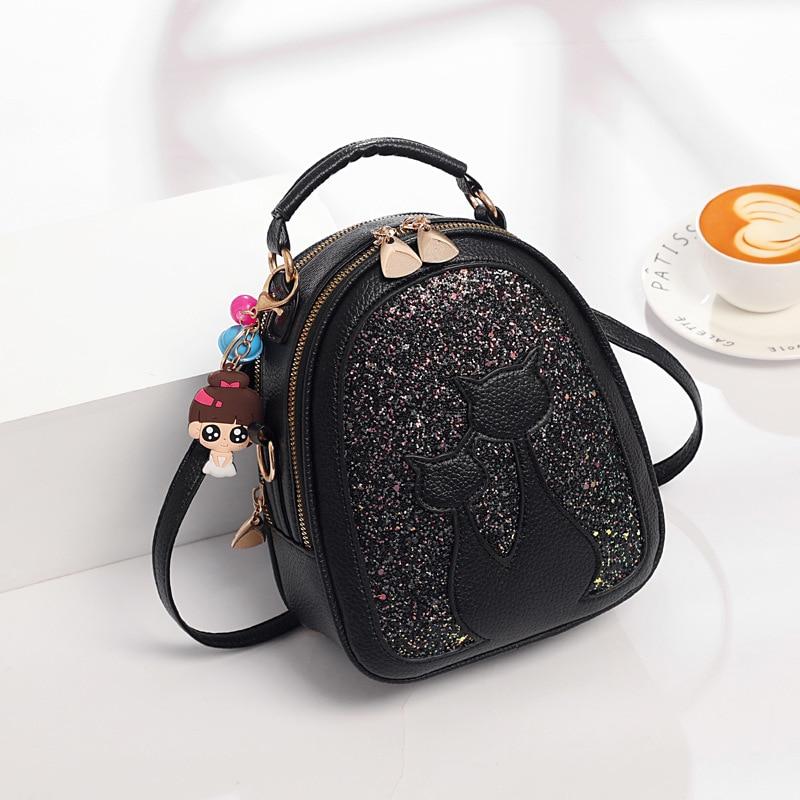 Ryggsäck Med Paljetter I Konstläder Och Kattmotiv Cat Leather Glitter Ryggsäck - Svart - Handväska