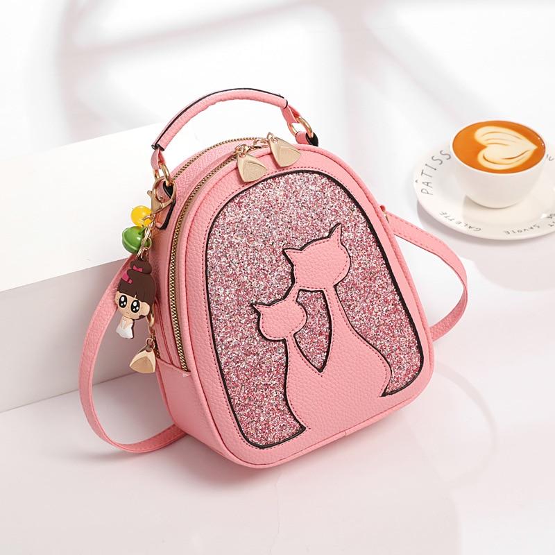 Ryggsäck Med Paljetter I Konstläder Och Kattmotiv Cat Leather Glitter Ryggsäck - Rosa - Handväska Ryggsäck