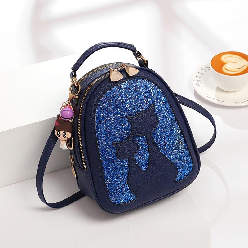 Ryggsäck Med Paljetter I Konstläder Och Kattmotiv Cat Leather Glitter Ryggsäck - Blå - Handväska Ryggsäck
