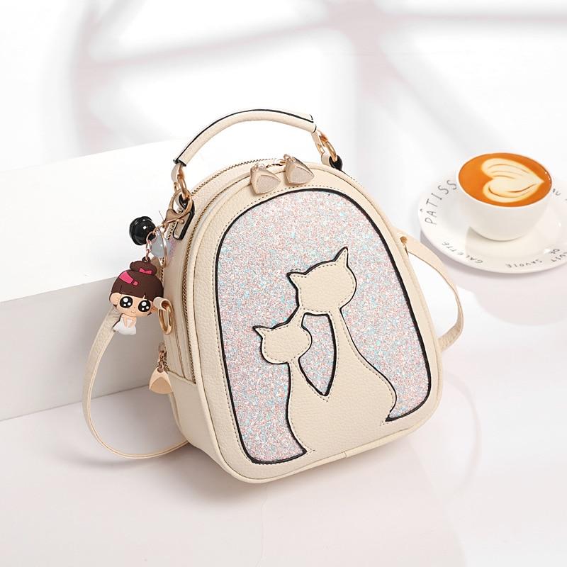 Ryggsäck Med Paljetter I Konstläder Och Kattmotiv Ryggsäck I Läder Med Katttryck - Beige - Handväska