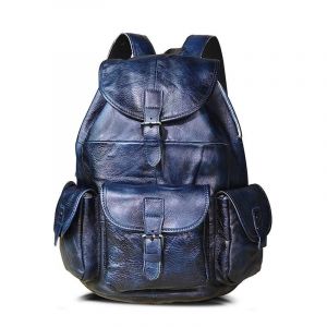 Vintage ryggsäck i läder med flera fickor - Blå - Handväska i läder