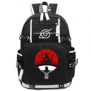 Svart ryggsäck med Uchiwa-klanens logotyp och sidofickor