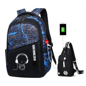 Graffiti-ryggsäck med USB-port för pojkar i blått och svart med vit bakgrund