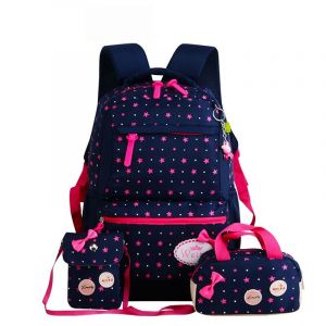 Set med 03 väskor med rosettmotiv och blå färgad stängning med rosa prickar och spetsar