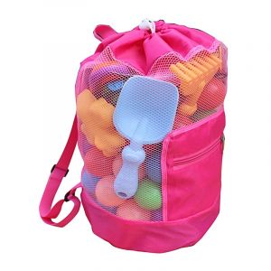 Rosa strandryggsäck för barn med leksaker inuti