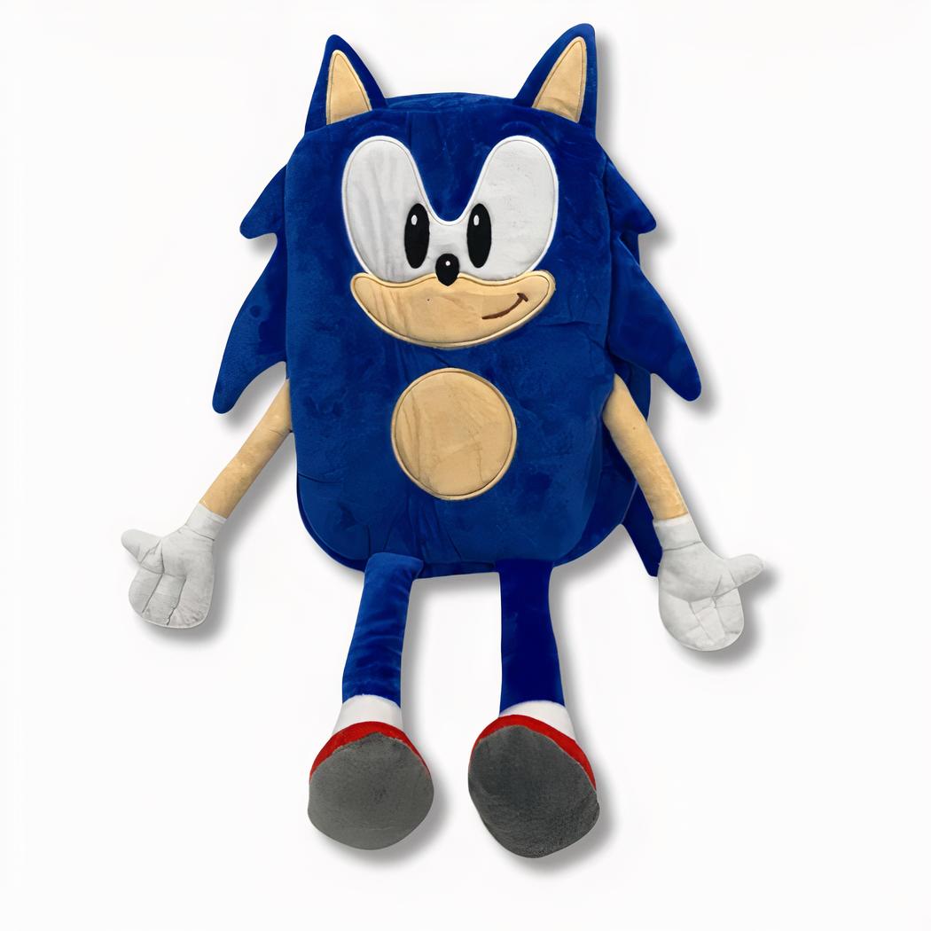 Sonic Resryggsäck För Barn Med Gosig Plysch Sac À Dos Bleu En Forme Du Personnage Sonic En Peluche, Sur Fond Gris Clair