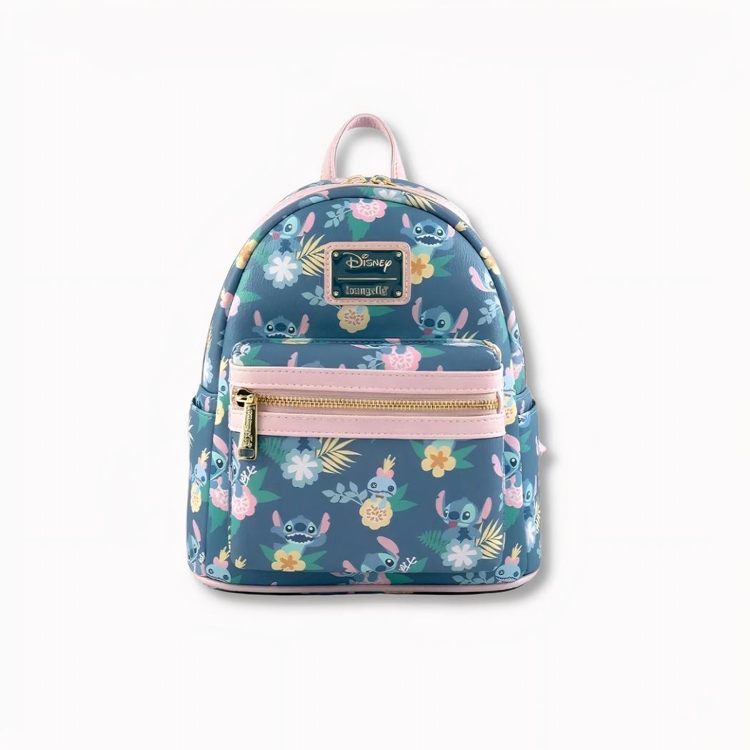 Stitch Blommig Ryggsäck För Barn Petit Sac À Dos Bleu Et Rose Pour Enfant À L'Effifie Du Personnage Stitch, Orné De Détail Fleuri, Sur Fond Blanc