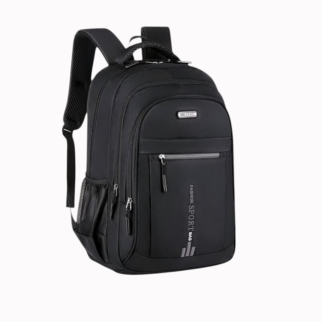 Sac À Dos Noir Pour Enfant Avec Détails Blancs, Plusieurs Poches, Bretelles Rembourrées Et Bandes Réfléchissantes, Vu De Face.