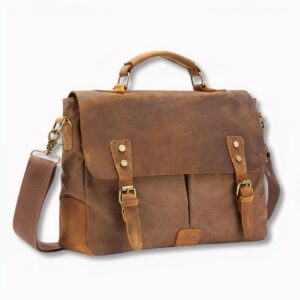 Cartable marron style forestier en bandoulière pour homme, sur fond gris clair