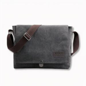 Cartable bandoulière en toile gris foncé pour homme, sur fond gris clair