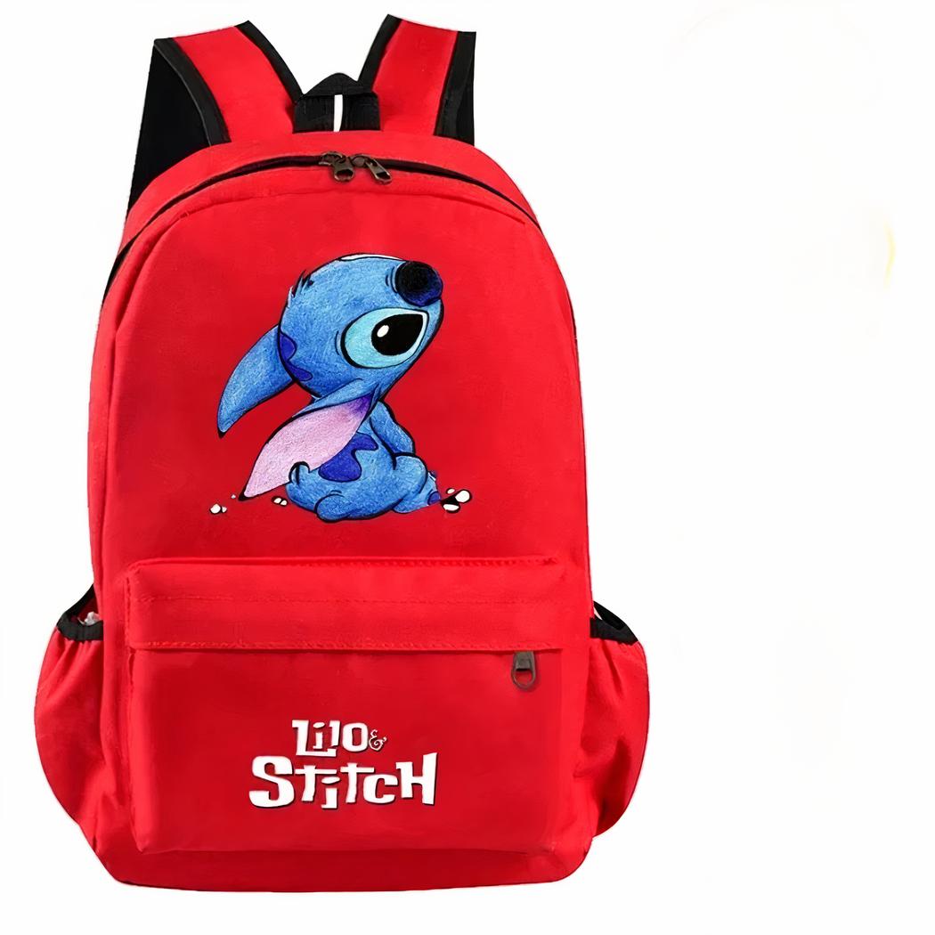Röd Stitch-Ryggsäck För Barn Sac À Dos Rouge Pour Enfant Avec Le Personnage Stitch Sur Le Devant Et Écrit Lilo Et Stitch Sur La Poche Avant.