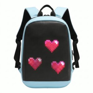 Un sac à dos LED pour enfant avec écran personnalisable bleu clair et noir, affichant trois cœurs roses lumineux sur l’avant.